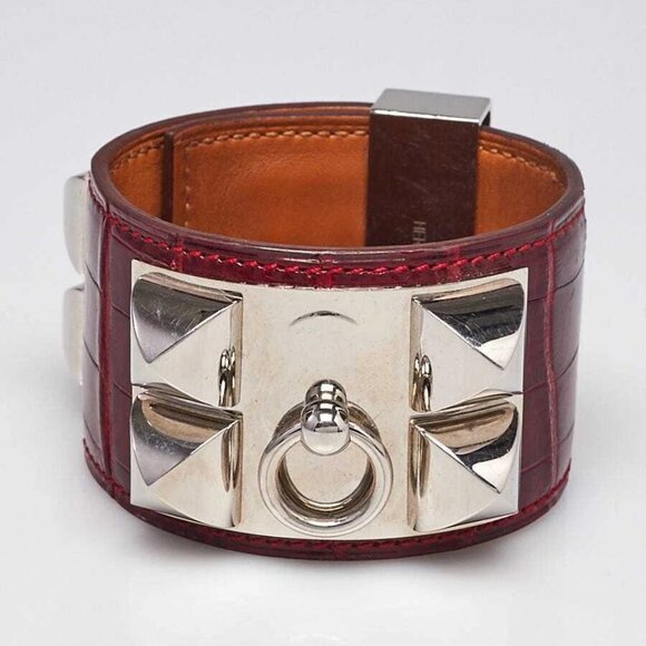 Hermes Rouge Vif Shiny Lisse Alligator Palladium Plated Collier de Chien - Picture 2 of 8